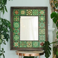Green mexican tile mirror. Handpainted wood tiles and wood frame