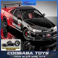 1:18 SKYLINE Nissan GTR R34 JDM Street Racing Spray Version Alloy Diecast Car Model Toy Sound Light 