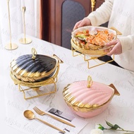 2 Liter Shell Ceramic Buffet Place - Soup & Side Dish Container, White with Gold-Gold List, Buffet F