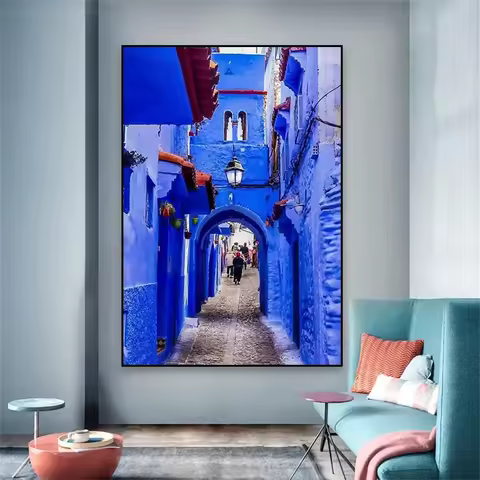 Canvas Painting Chefchaouen Blue City Poster Modern Morocco Travel Art Print Boho Blue Landscape Dec