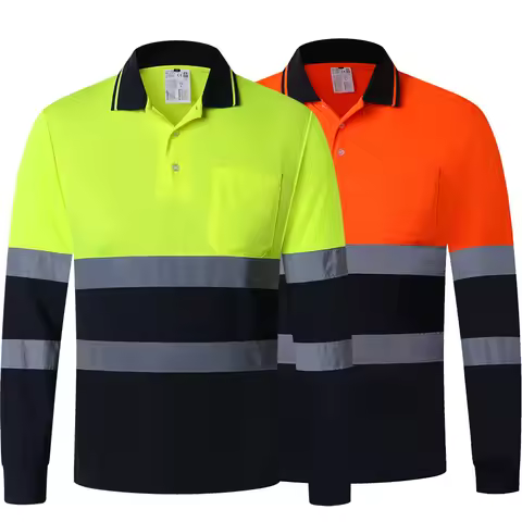 Two Tone Long Sleeve Work Polo Shirt Orange Yellow Navy Workwear Shirt With Pockets Hi vis work shir