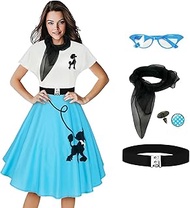 1950s Poodle Skirts Sock hop Outfits Women 50s Poodle Dress with Belt Glasses Earrings and Scarf