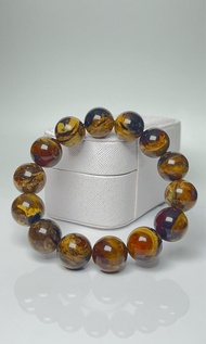 《中級》緬甸棕紅珀底黃白根妖花溶洞琥珀手串 琥珀蜜蠟手串 尺寸：15mm+ 克重：27.53g