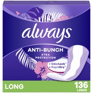 Always Anti-Bunch Xtra Protection Daily Liners, Long Length, Unscented, 136 Count