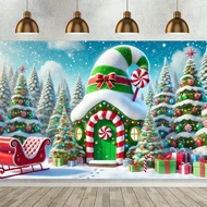 1pc 8ft X 6ft Christmas Candy House Background Banner - Holiday Candy Cane And Pine Tree Design, Dur