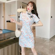 Summer Chinese Traditional Cheongsam For Girls Woman Floral Pattern Print Sexy Qipao Hanfu Short Sleeves Dress For Party