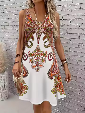 Dress Bohemian Printed 2026 New Arrival Printed Round-Neck Spaghetti-Strap Dress Exotic Bohemian Vac