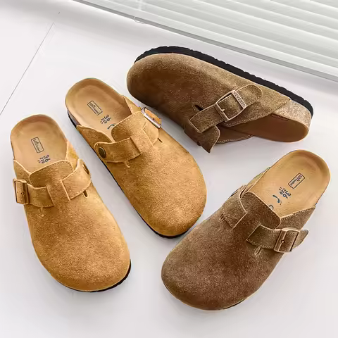 New Cow Suede Leather Cork Mules Slippers for Women Men Close Toe Slides Home Shoes Clogs Vintage Mu