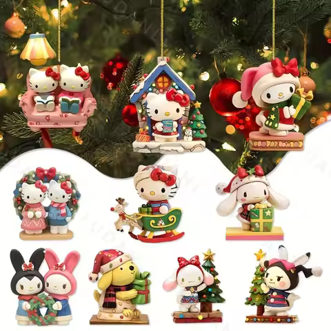 1/6/10PCS Christmas Sanrio Theme 2D Acrylic Pendant HelloKitty Cinnamoroll Kuromi Christmas Tree Dec