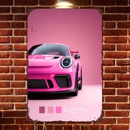 Rastar | HD Metal Tin Sign - Pink Porsche 911 GT3 RS Minimalist Poster Wall Decor for Garage Man Cav