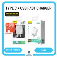 PAVAREAL K09 30W 3.0A Type C + USB A Fast Charging Adapter Charger