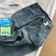 Lovito กางเกงยีนส์ผู้หญิง มีซิป มีกระเป๋า มีกระดุม สีพื้น สไตล์ลำลอง LNA34147 (สีน้ำเงิน)