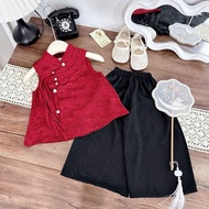 QT294 Set áo gấm đỏ dây xinh quần đen ống rộng cho bé gái mặc trung thu