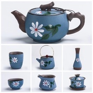 手繪紫砂茶具茶杯茶壺蓋碗主人杯提梁壺藍色茶海公道杯過濾器花瓶