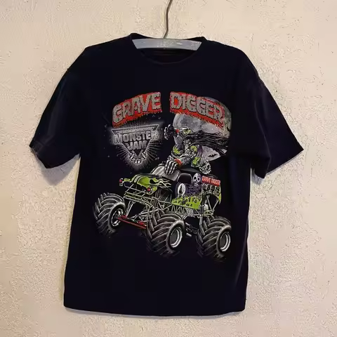 Vintage Y2k Era Grave Digger Monster Jam Monster Trucks Men Women Summer Short Sleeves T-Shirt Haraj