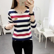 ●COSHOP●  baju t shirt perempuan tshirt women Korean Fashion Plus Size Striped Shirt Fashion Casual Loose Tops Long Sleeve T-shirt Baju Lengan Panjang