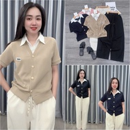 Set of shirt collar, baggy pants, Korean shirt set with shirt collar + khaki rough baggy pants.