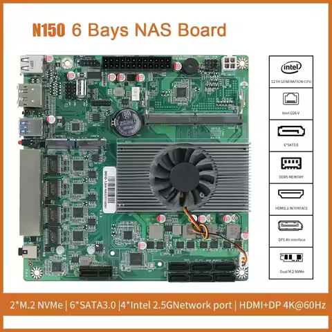 N150/i3-N305 NAS Board DDR5 Motherboard 4x Intel i226-V 2.5G 2* M.2 NVMe 6* SATA3.0 HDMI2.0 DP Mini 