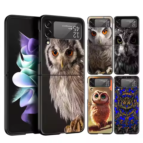 For Samsung Galaxy Z Flip 3 4 5 Hard Black Folding PC Phone Case Cartoon Girl Gifts Lovely Owl For S