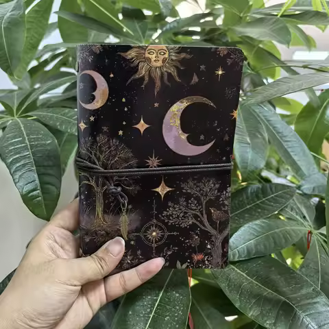 Vintage Sun Moon Star Traveler's Notebook, Refillable A6 Leather Journal, Retro Witchy Diary for Scr