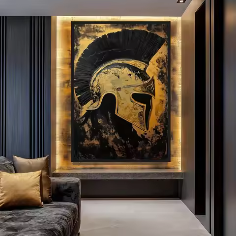 2D Flat, 1pc Spartan Helmet Poster - Black and Golden Ancient Greek Battlefield Wall Art - Frameless