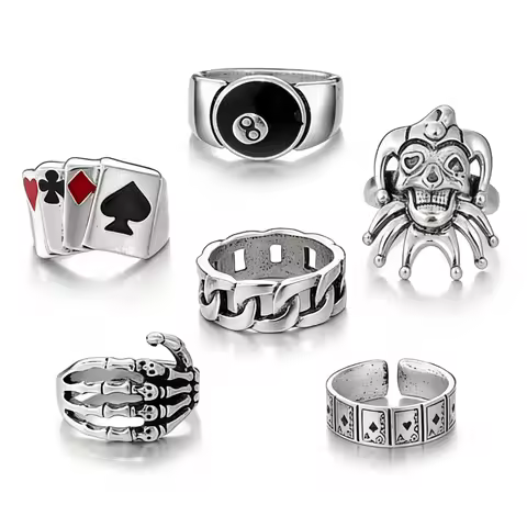 6Pcs Men's Gothic Punk Ring Set, Vintage Silver Poker 8 Ball Joker Skeleton Hand Cuban Link Stackabl