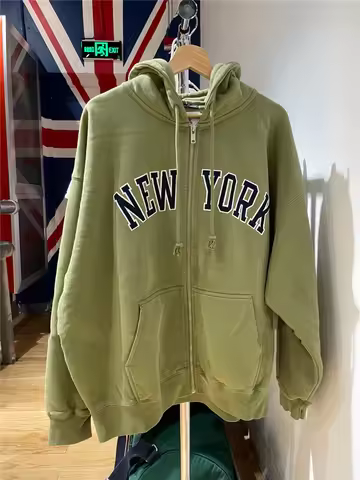 Retro Brandy Girl NEWYORK Embroidered Hooded Zipper Fce Sweatirt American Sle Loose Outerwear Street