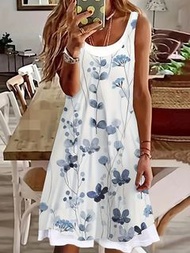 New Female Dresses Loose Swing Short Sundress Sweet 3D Printing Sleeveless Beach Wear O Neck Swing S