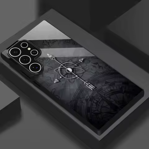Navigation Arrow Pattern Tempered Glass Black Phone Case for Galaxy S24/S24FE/S24 Plus/S24 Ultra/S23