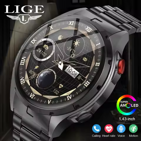 LIGE Fashion NFC Smart Watches Men 466*466 AMOLED Screen Bracelet Heart Rate IP67 Waterproof BT Call