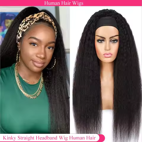 Kinky Straight Headband Wigs Human Hair Pull & Go Half Wigs Human Hair Yaki Straight Headband Gluele