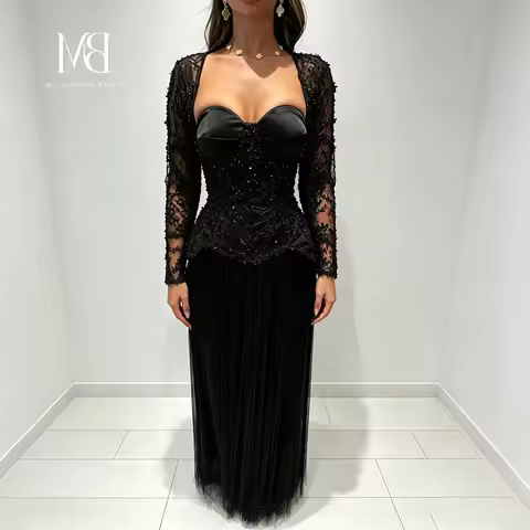 MB Luxury Black Satin Evening Dress Elegant Sweetheart Neck Lace Long Sleeve Beaded Floor Length For