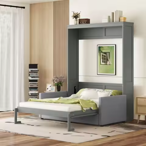 Queen Size Murphy Bed Wall Bed with Cushion Gray