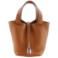 二手愛馬仕 Picotin Lock 18 PM 手提包，採用 Taurillon Clemence 皮革，金色，法國製造，2021 年，棕色/銀色五金配件，Z 型錶帶，女士款。