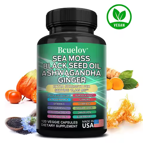 All in One Supplement, with Sea Moss Black Seed Oil Ashwagandha Ginger, Enhanced Immunity & Energy, 