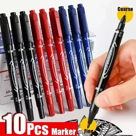 10Pcs Twin Tip Permanent Marker Black/Blue/Red Waterproof Oil Marker Pen Fine Nid Marker Ink School 