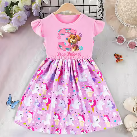 Paw Patrol Sweet Cute One-piece Dress for Girls Cartoon Number Printed Dresses Children Summer Fashi