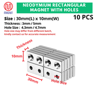 10pcs-30mm x 10mm x 5mm or 30mm x 10mm x 3mm Neodymium Rectangular Magnet / Block Magnet with Holes