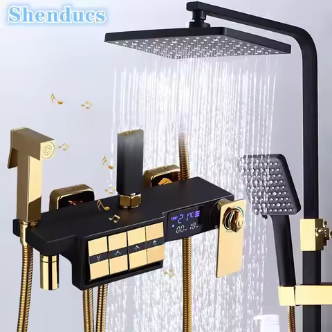 Hot Cold Piano Digital Bathroom Shower System Set 12 Inch Rain Shower Head Black Gold Waterfall Ther