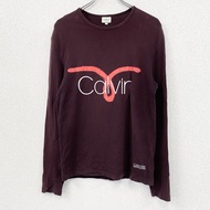 Calvin Klein長袖 T 卹/帶有大 logo 的長袖 T 卹，酒紅色，S 碼，古著。