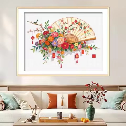 KS 11CT 14CT Fan Flowers Birds Pre-Printed Cross Stitch DIY Embroidery Set Handicraft Floss Needle C