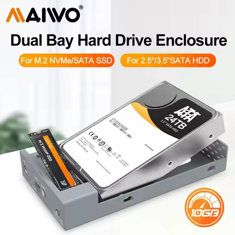 MAIWO 10Gbps M.2 NVMe SATA SSD Enclosure for 2.5" 3.5" External Hard Drive Case Supports 2230/42/60/
