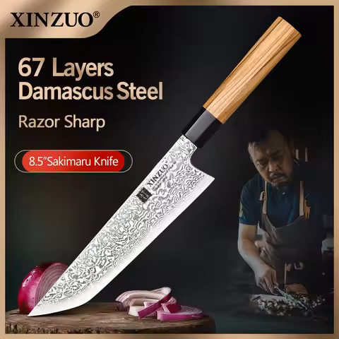 XINZUO 8.5" inch Sakimaru Knife Ergonomic Olive Handle Damascus Steel 10Cr15C0Mov Steel Sharp Knife 