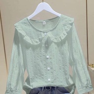 ruffle top Kemeja kerah boneka lengan puff kapas murni kemeja lengan panjang wanita musim panas gaya