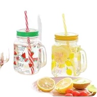 COD▫500ml New Picks Korean Colorful Mason Glass Jar With Reusable Straw Bottle Glass Emboss Cold Dri