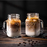 Set of 2 milk tea cups with handles, glass cups with tin lids, smoothie cups, juice cups, cocktail g