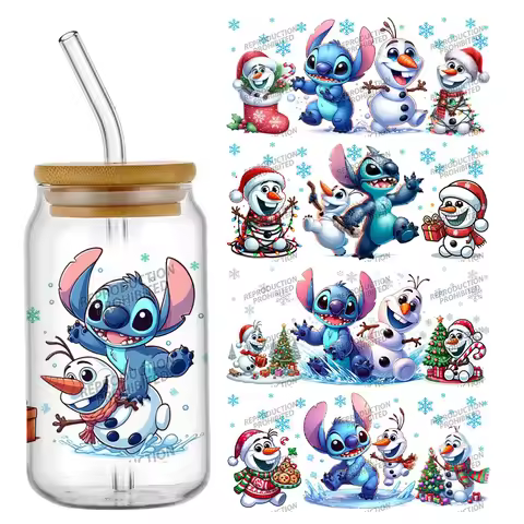 Christmas Snowman Olaf and Stitch Pattern Waterproof UV DTF Cup Mug Wraps Sticker DIY 3D Wrap Decal 