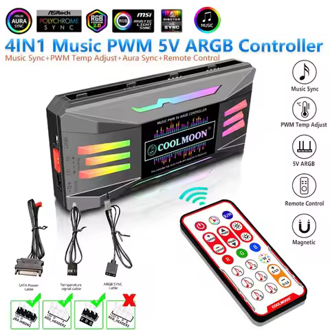 4-in-1 Music PWM ARGB Controller 1to8 Hub 5V 3Pin ARGB Aura Sync 4Pin PWM Temp Adjust Fan Music Rhyt