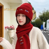[Initiatour-t] Red Hat Scarf Women's Autumn And Winter Warm Knitted Hat Ankola Red Thick Wool Hat Sc