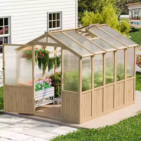 6x8x6.5 FT Wooden Greenhouse, Easy Assembly Thick Solid Cedar Frame Polycarbonate Greenhouse, Walk-i